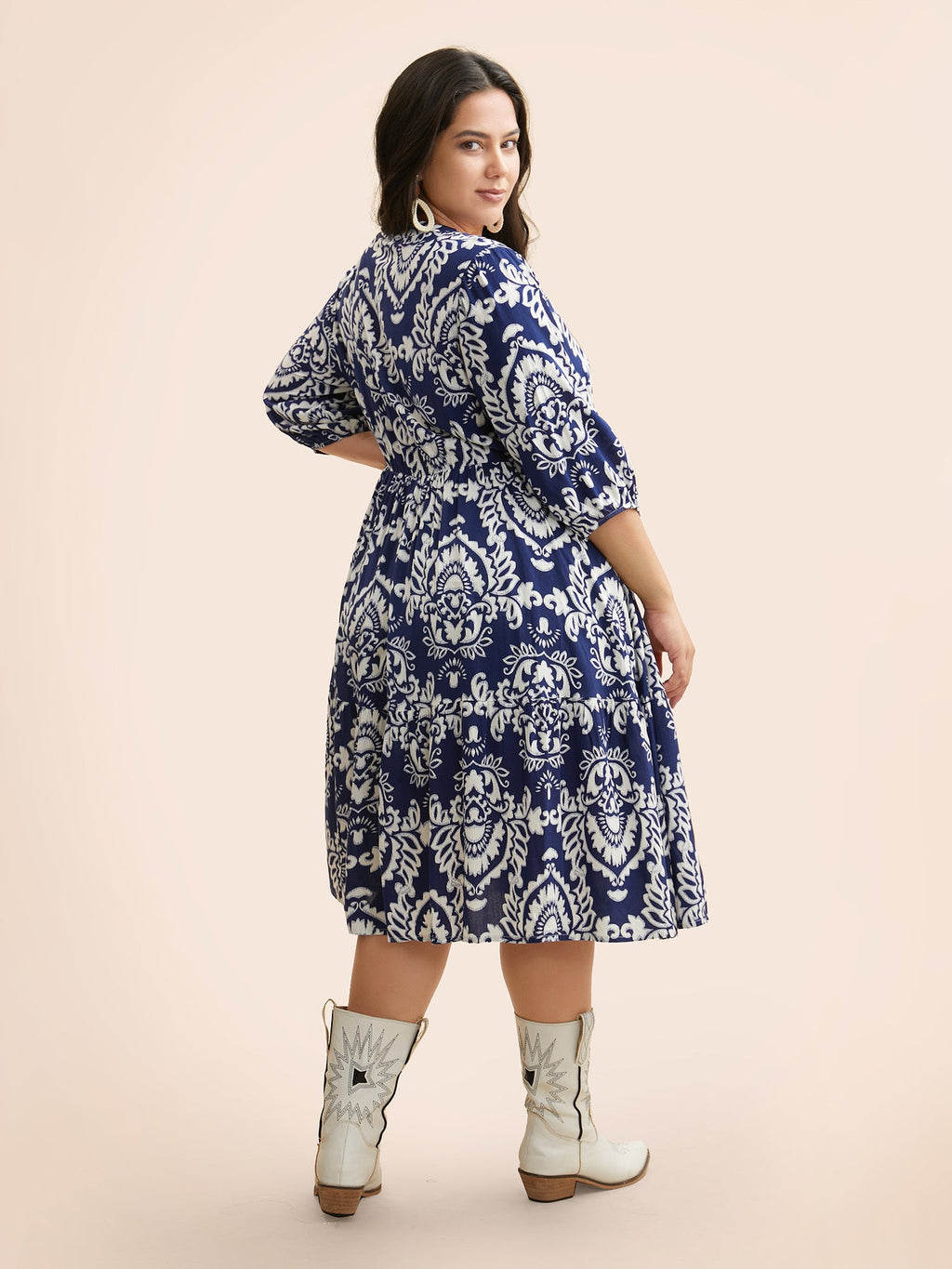 Damask Print Tie Knot Puff Sleeve Dress