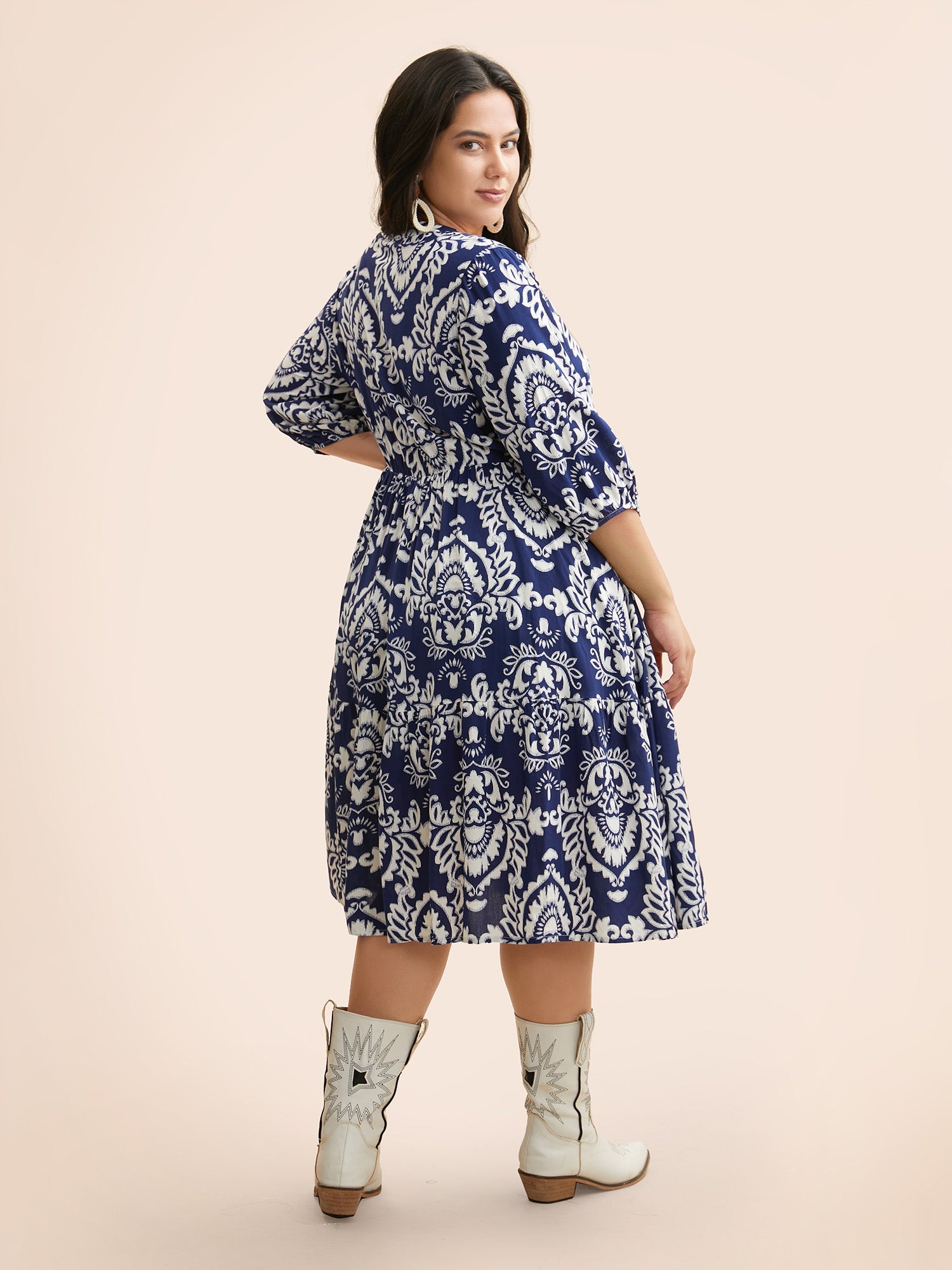 Damask Print Tie Knot Puff Sleeve Dress