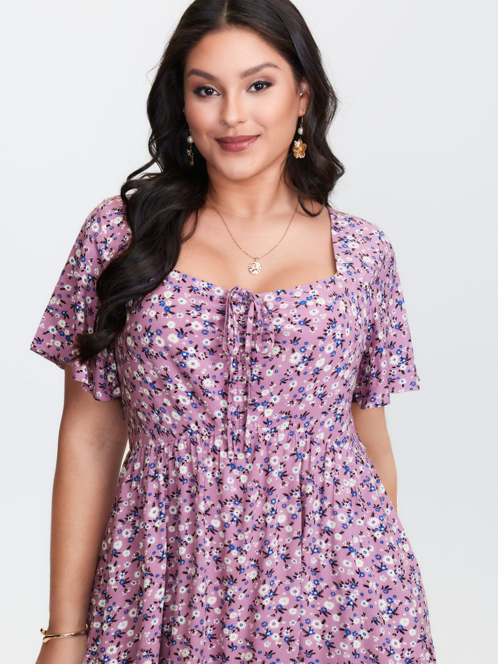 Ditsy Floral Sweetheart Drawstring Pocket Tiered Dress