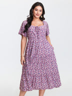 Ditsy Floral Sweetheart Drawstring Pocket Tiered Dress