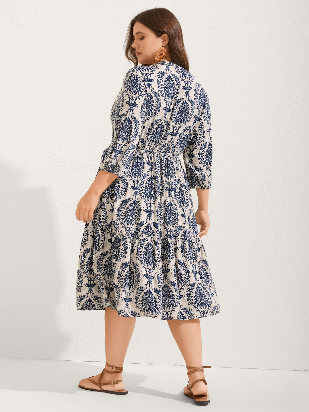 Damask Print Tie Knot Puff Sleeve Dress