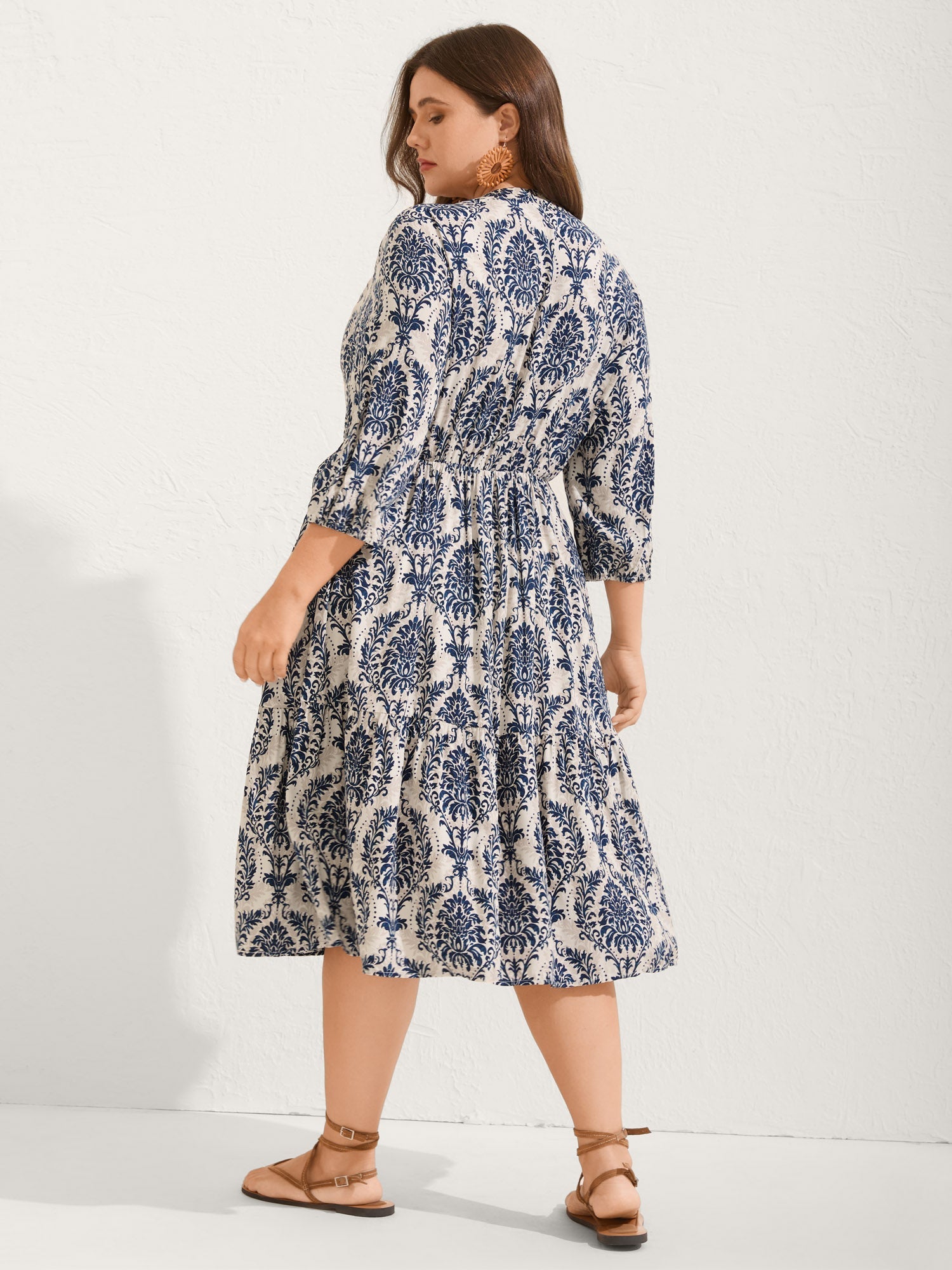 Damask Print Tie Knot Puff Sleeve Dress