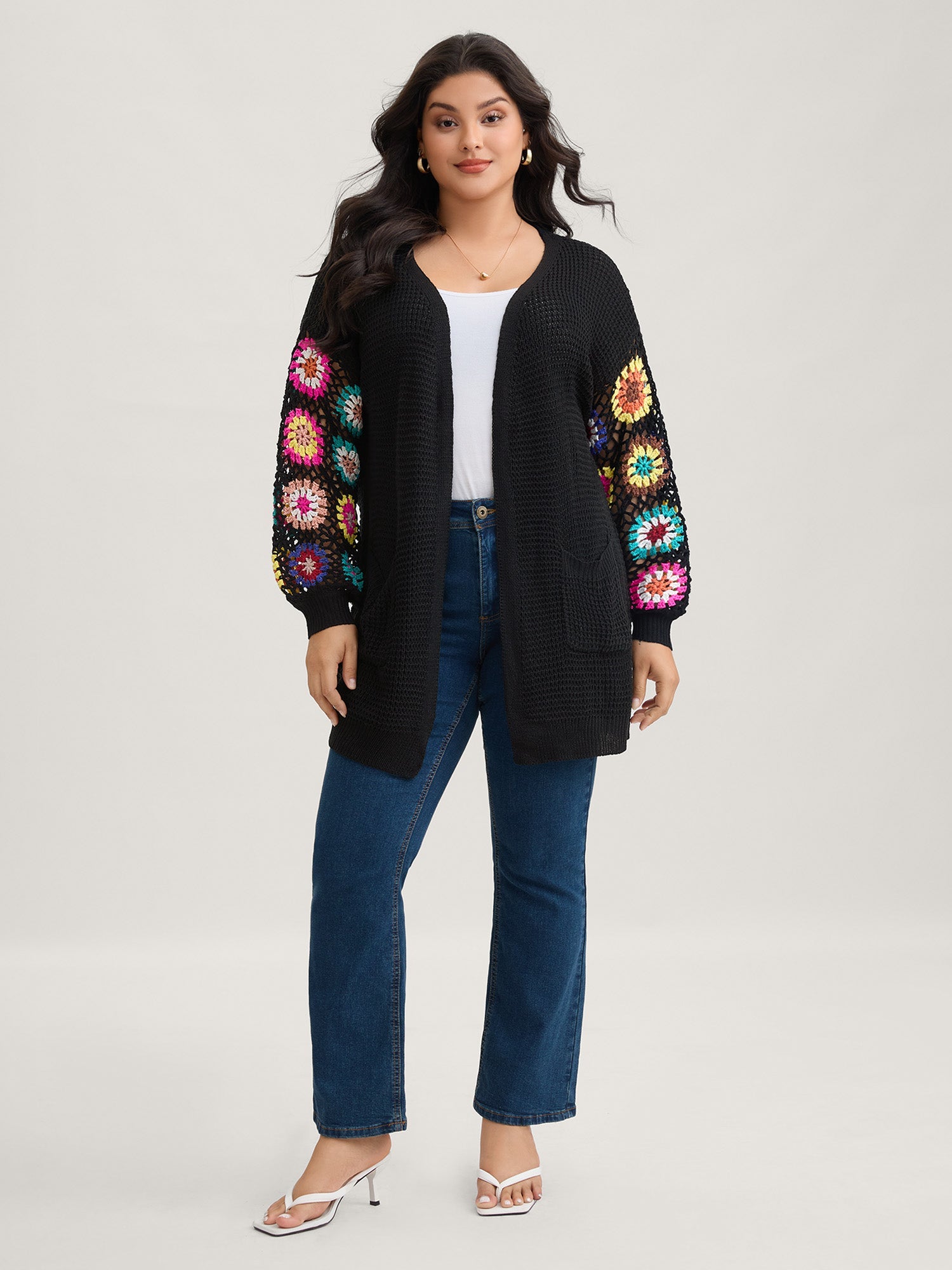 Crochet Floral Drop Shoulder Cut Out Cardigan