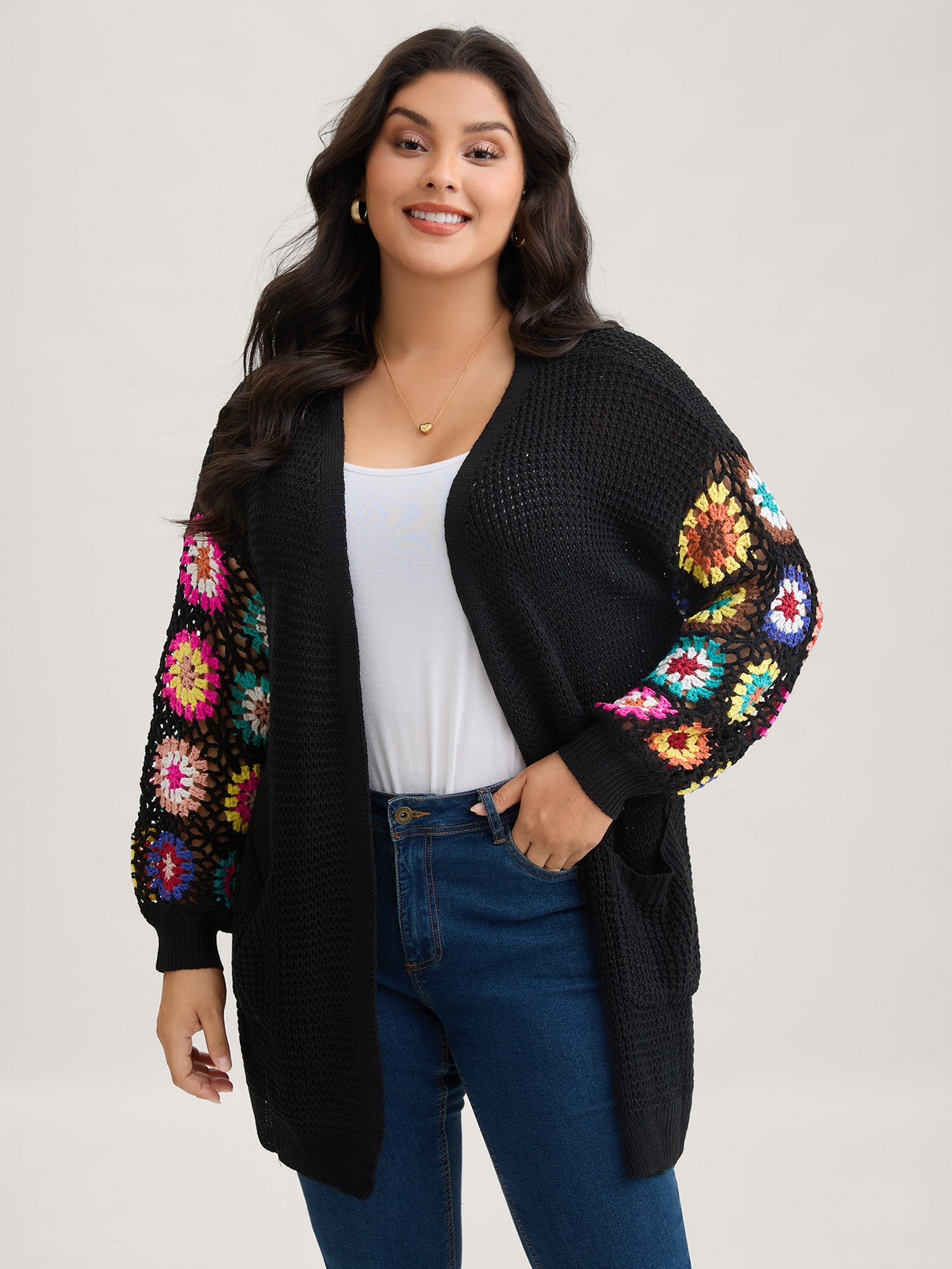 Crochet Floral Drop Shoulder Cut Out Cardigan