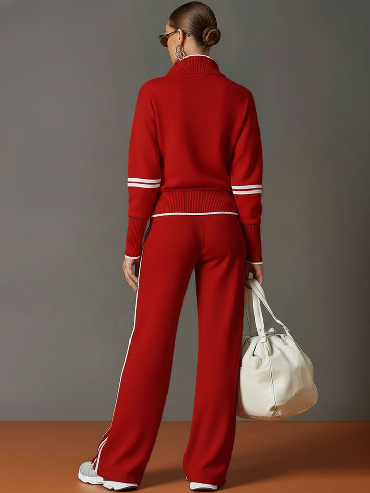 Michelle | Retro Sporty Webbing Half-zip Sweatshirt And Wide-leg Pants Set