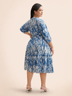 Damask Print Tie Knot Puff Sleeve Dress