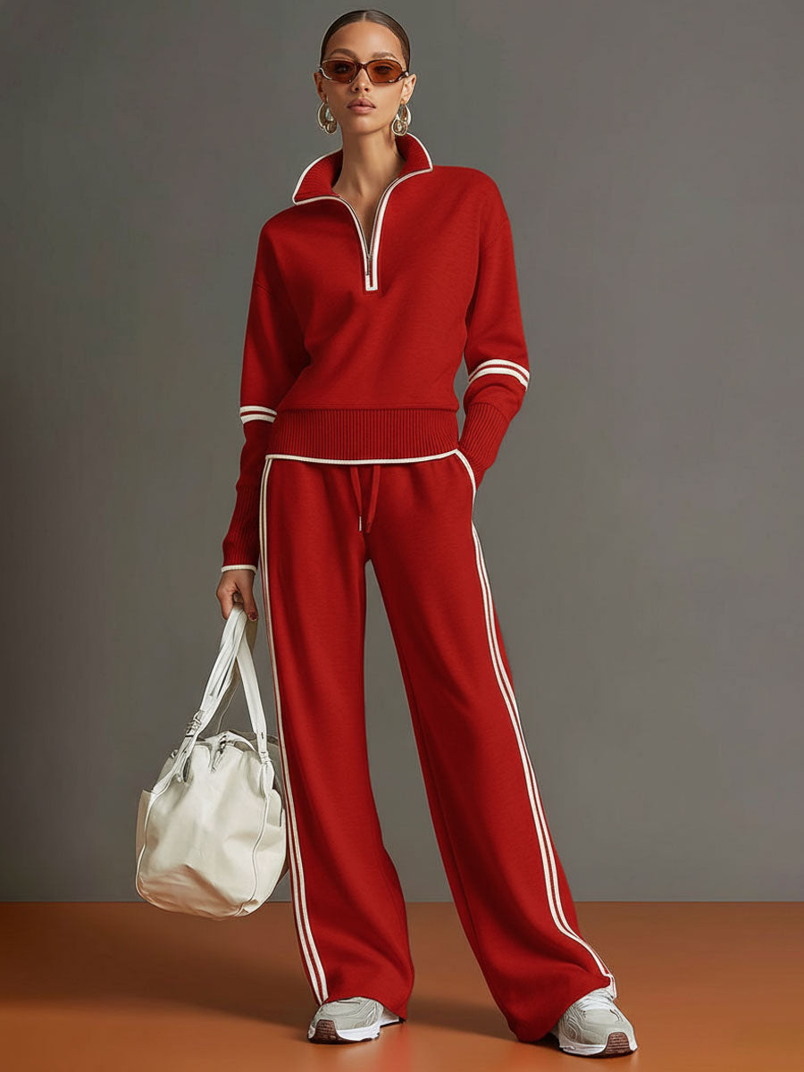 Michelle | Retro Sporty Webbing Half-zip Sweatshirt And Wide-leg Pants Set