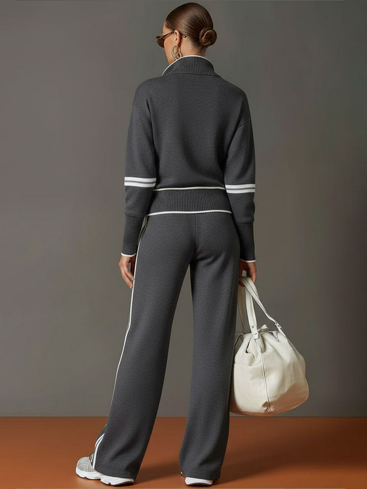 Michelle | Retro Sporty Webbing Half-zip Sweatshirt And Wide-leg Pants Set
