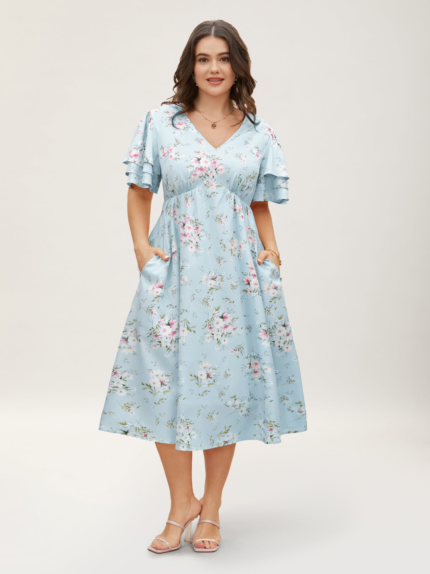 Floral Elastic Waist Tiered Ruffle Sleeve Dress