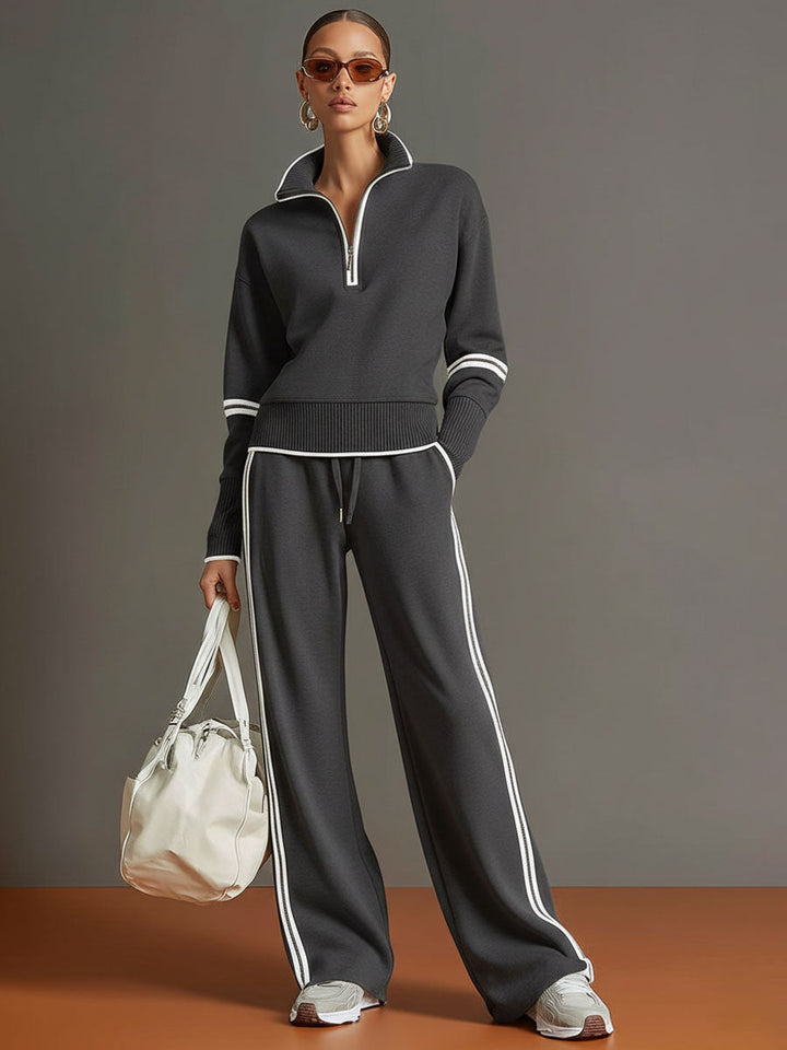 Michelle | Retro Sporty Webbing Half-zip Sweatshirt And Wide-leg Pants Set