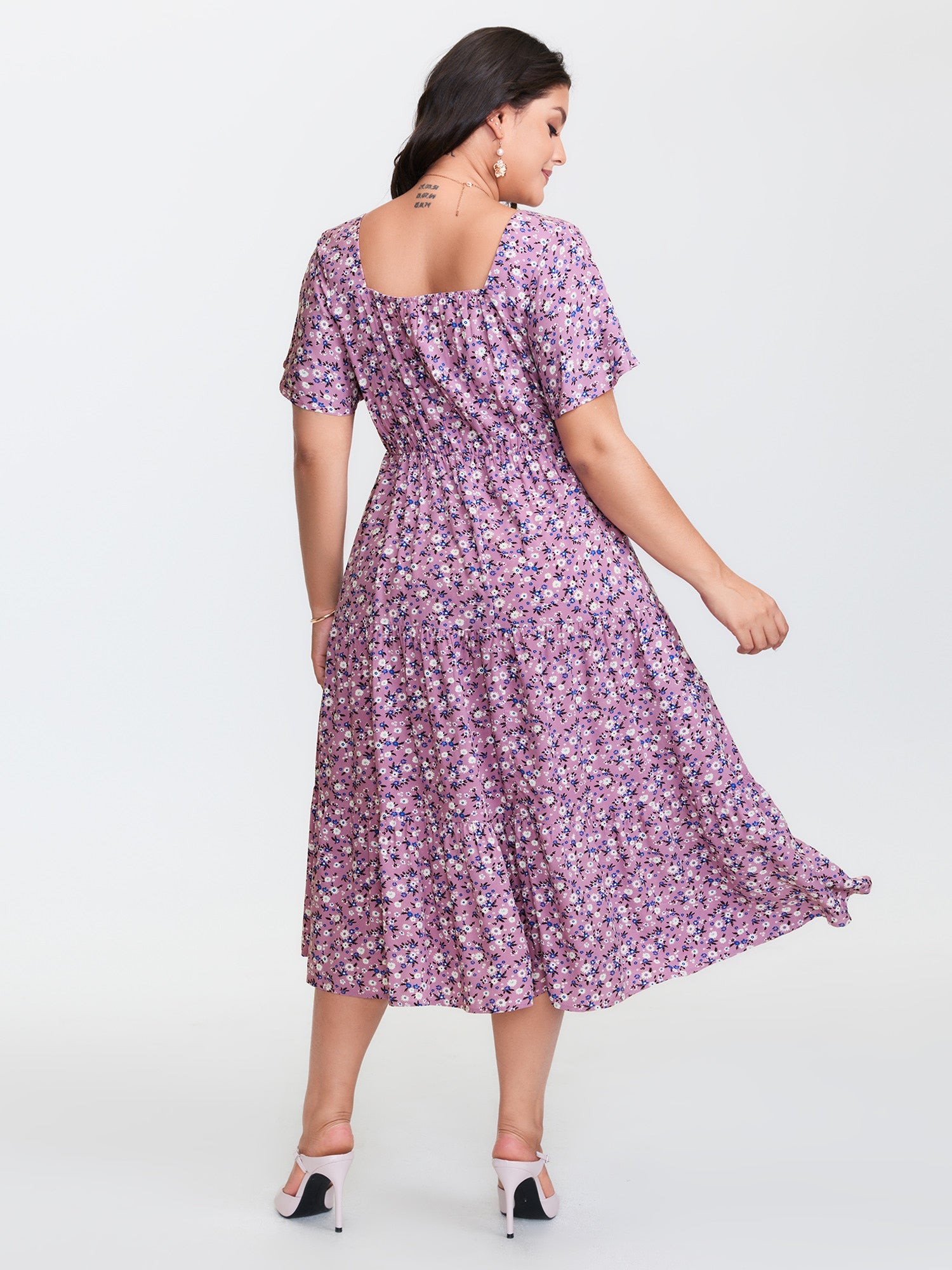 Ditsy Floral Sweetheart Drawstring Pocket Tiered Dress