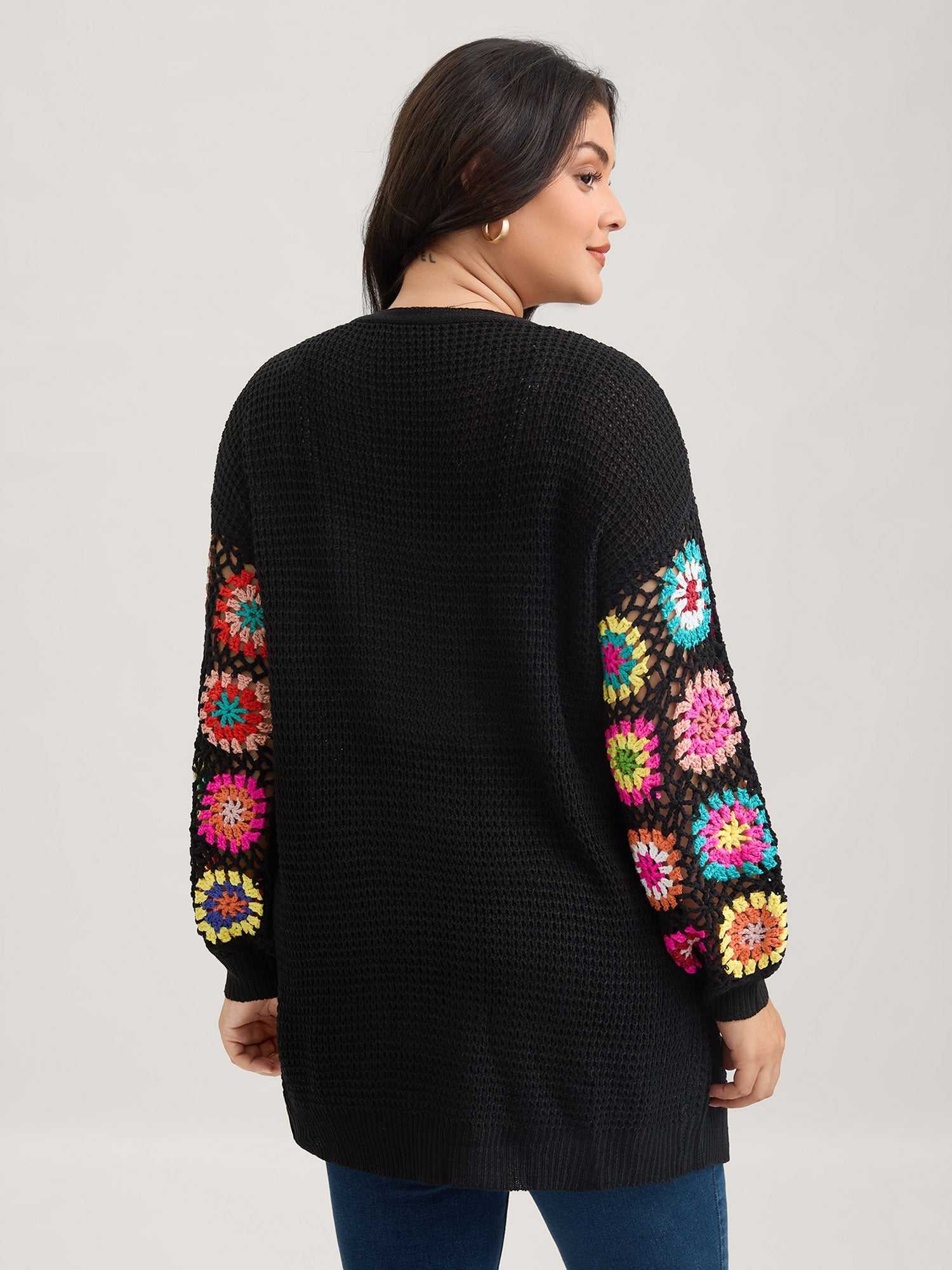 Crochet Floral Drop Shoulder Cut Out Cardigan