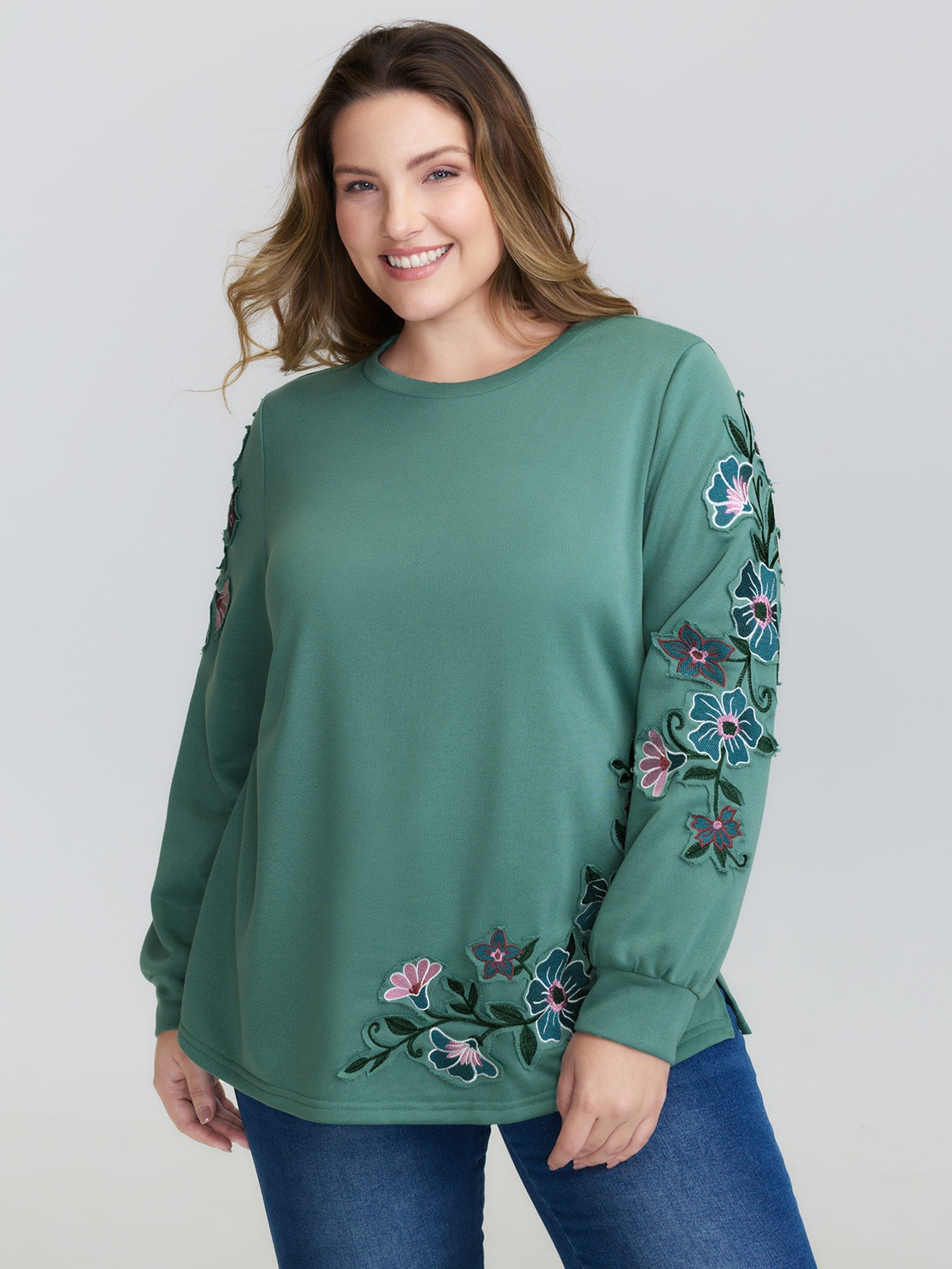 Floral Applique Embroidery Stretchy Sweatshirt