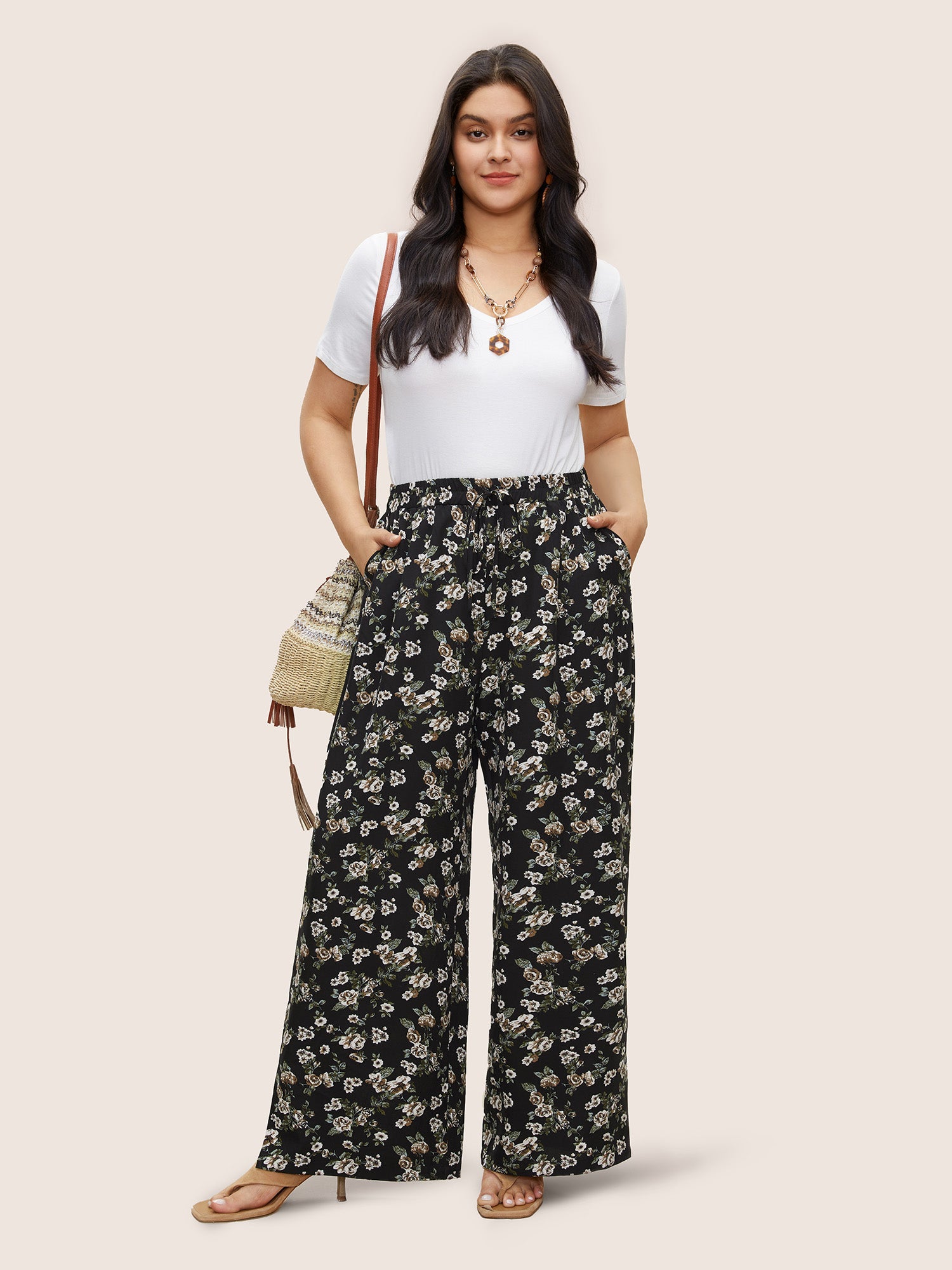 Ditsy Floral Ties Split Hem Wide Leg Pants