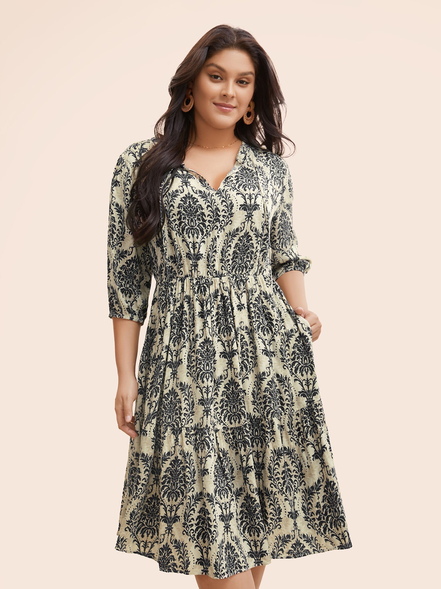 Damask Print Tie Knot Puff Sleeve Dress