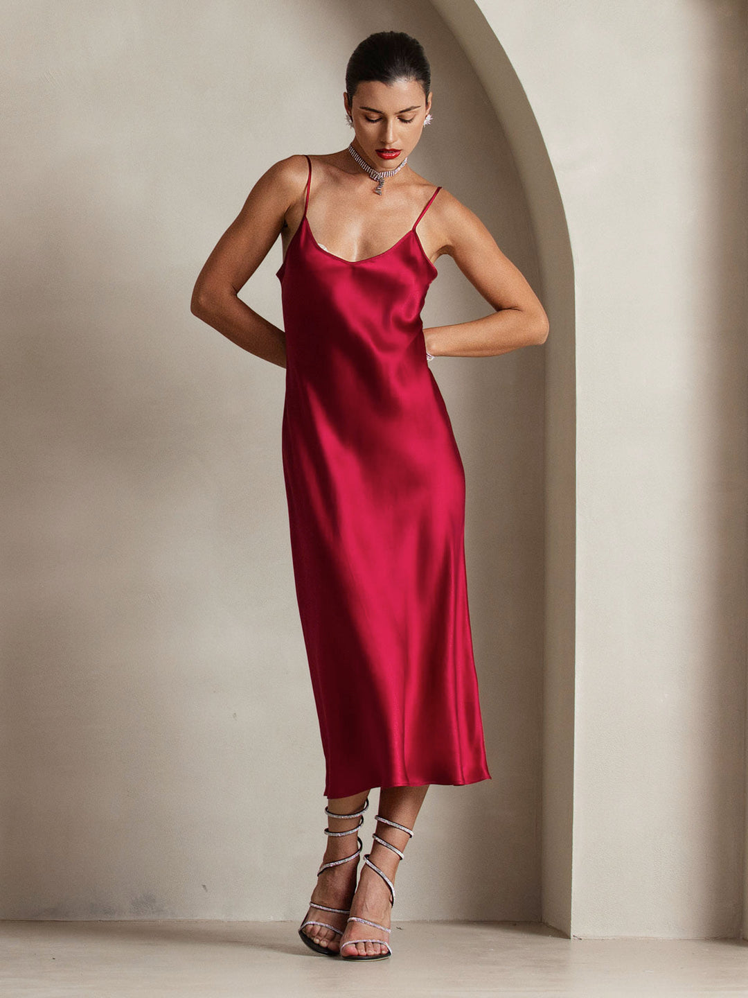 Rachel | Spaghetti Strap Silk Midi Dress