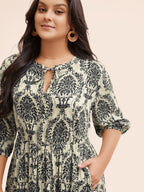 Damask Print Tie Knot Puff Sleeve Dress