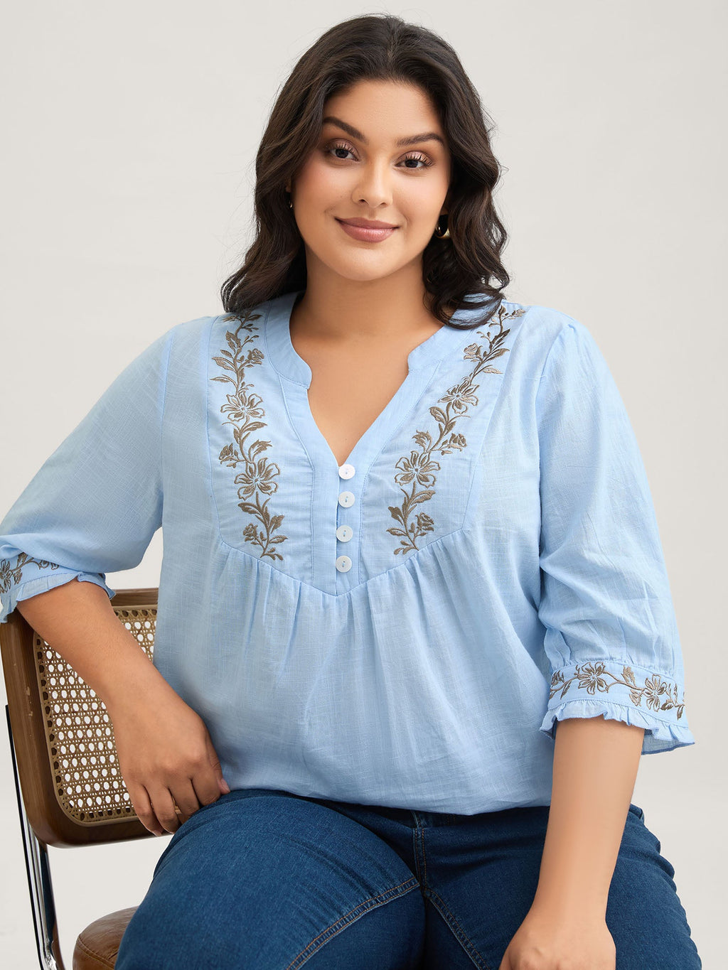 Cotton Floral Embroidered Notched Collar Frill Trim Blouse