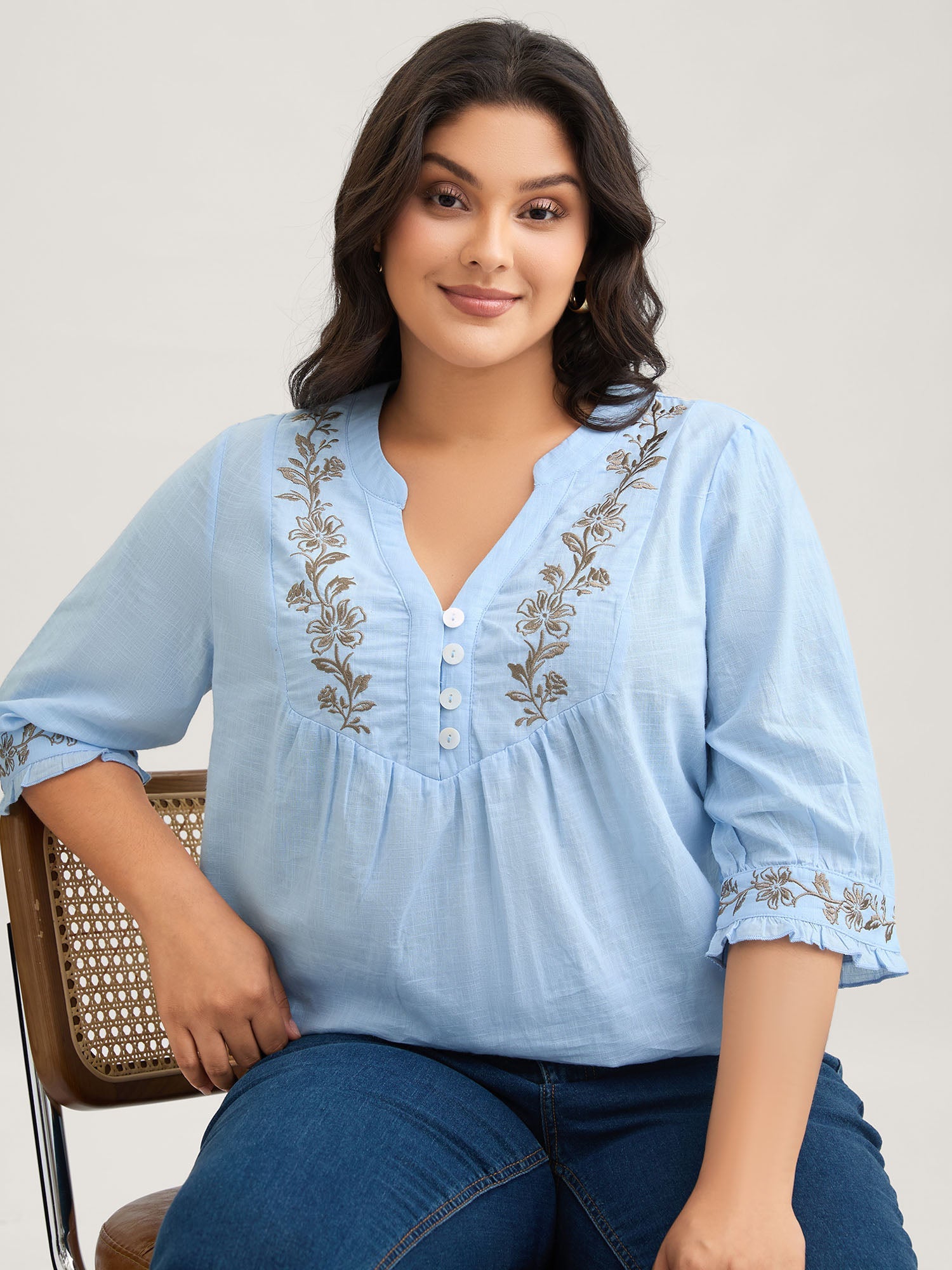 Cotton Floral Embroidered Notched Collar Frill Trim Blouse