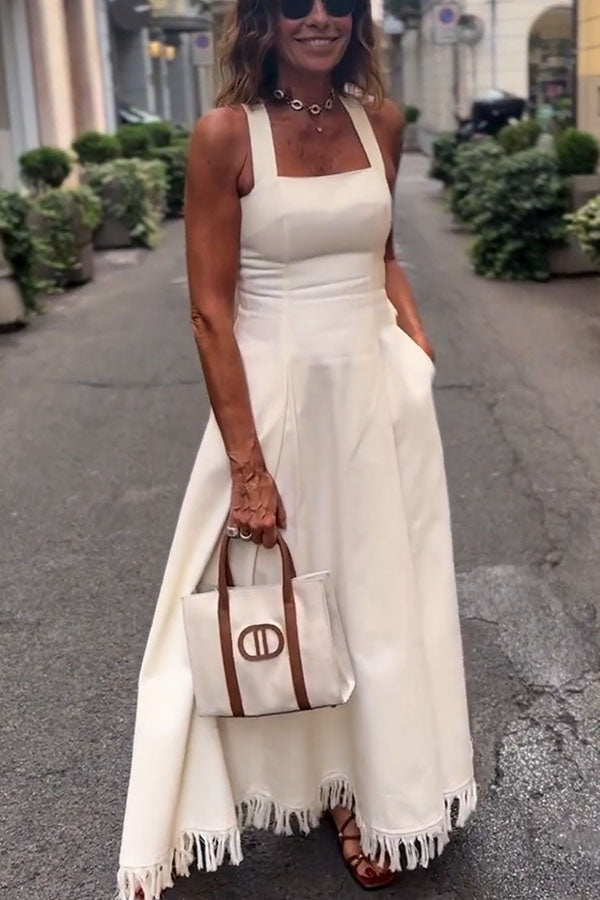 Chantal | Linen Blend Square Neck Midi Dress