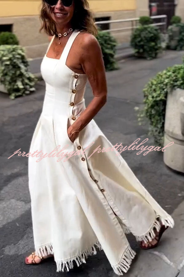 Chantal | Linen Blend Square Neck Midi Dress