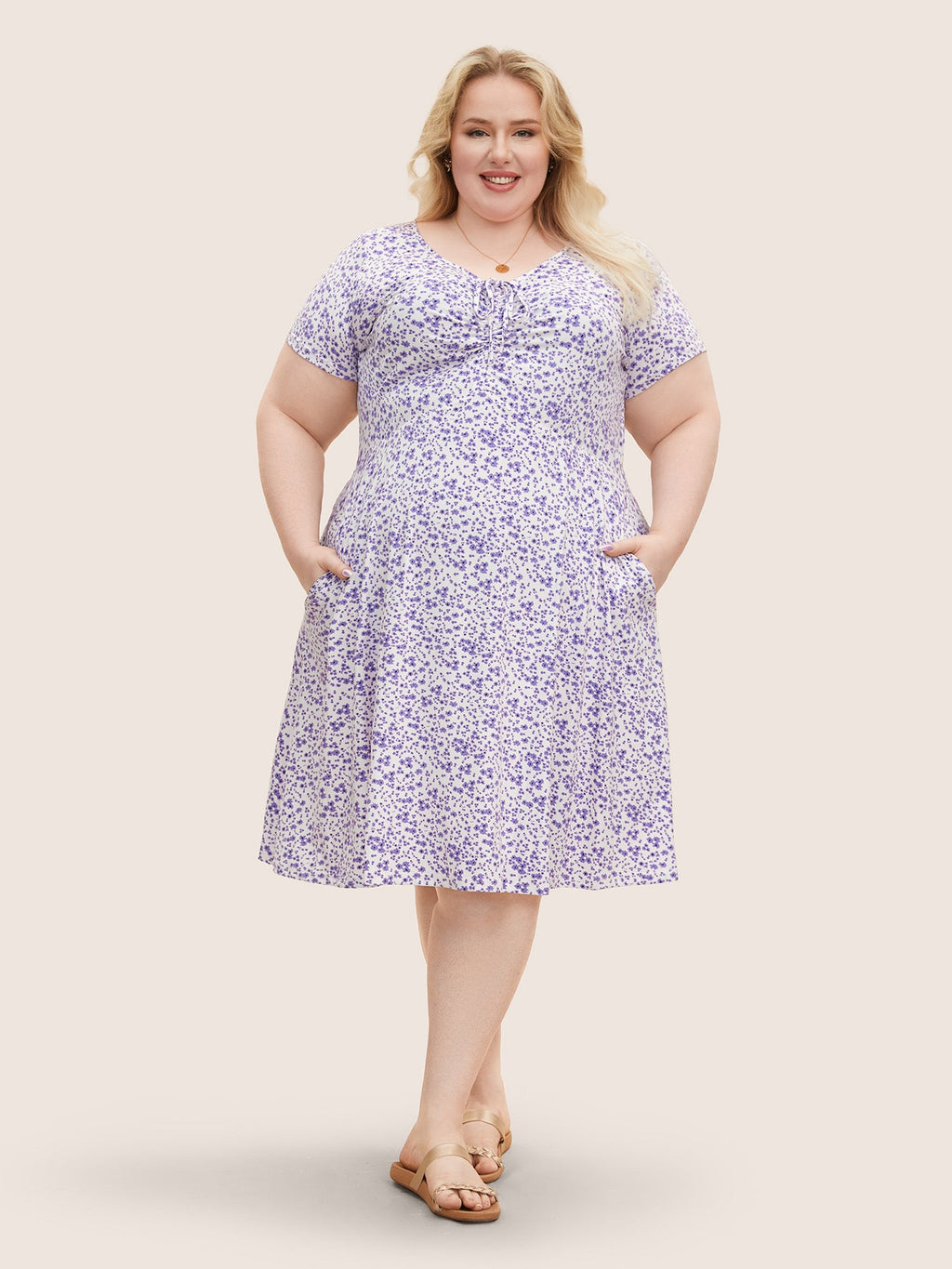 Ditsy Floral Elastic Waist Knot Drawstring Dress