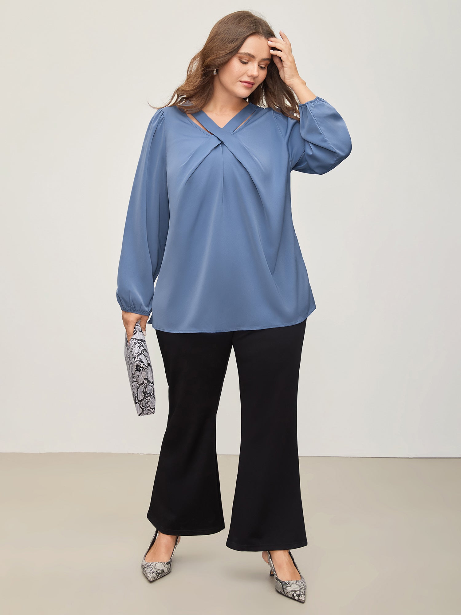 Criss Cross Neckline Puff Sleeve Gathered Blouse