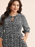 Damask Print Tie Knot Puff Sleeve Dress