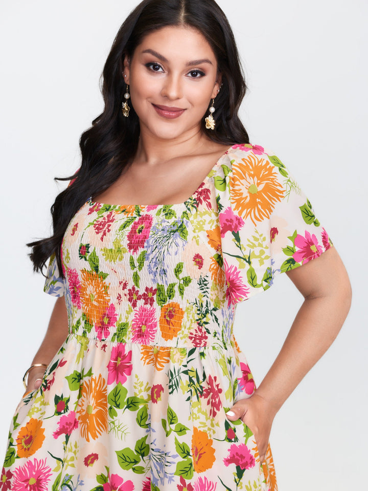 Floral Shirred Square Neck Pocket Midi Dress