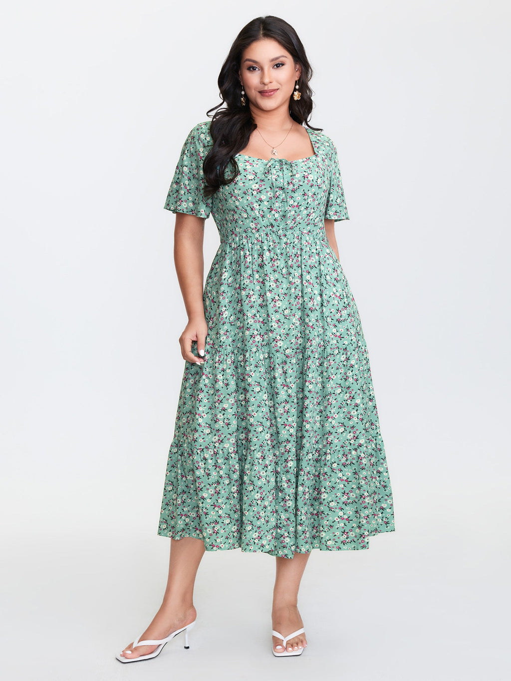 Ditsy Floral Sweetheart Drawstring Pocket Tiered Dress