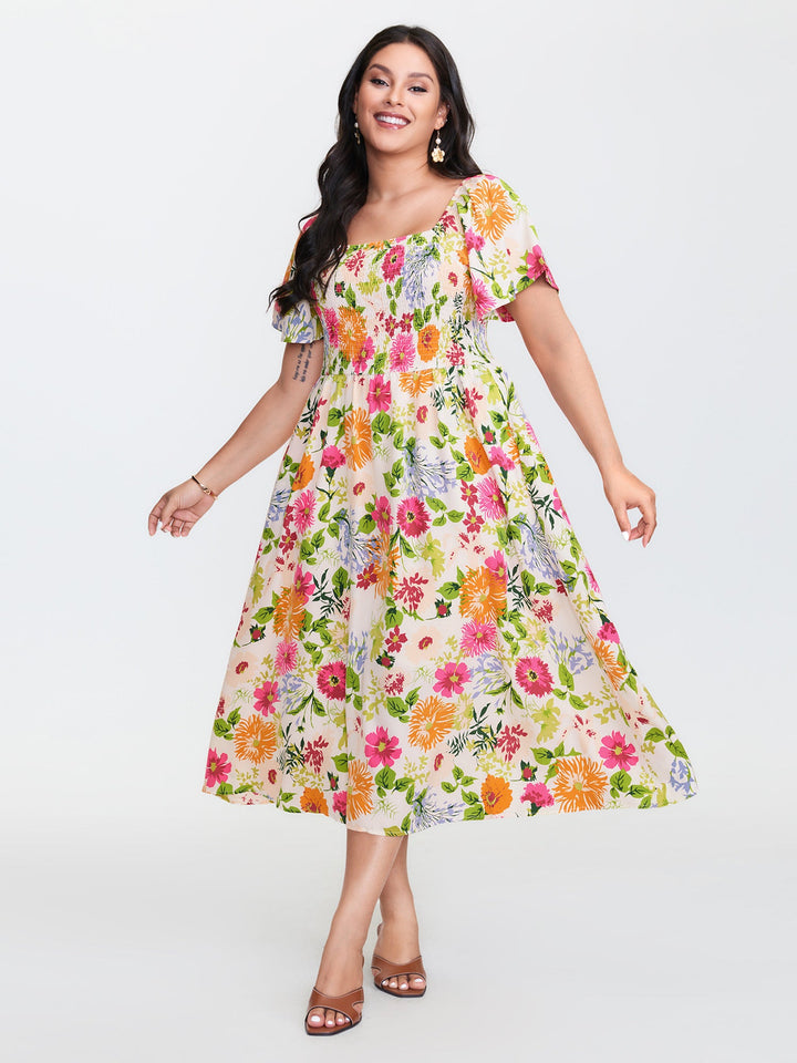Floral Shirred Square Neck Pocket Midi Dress