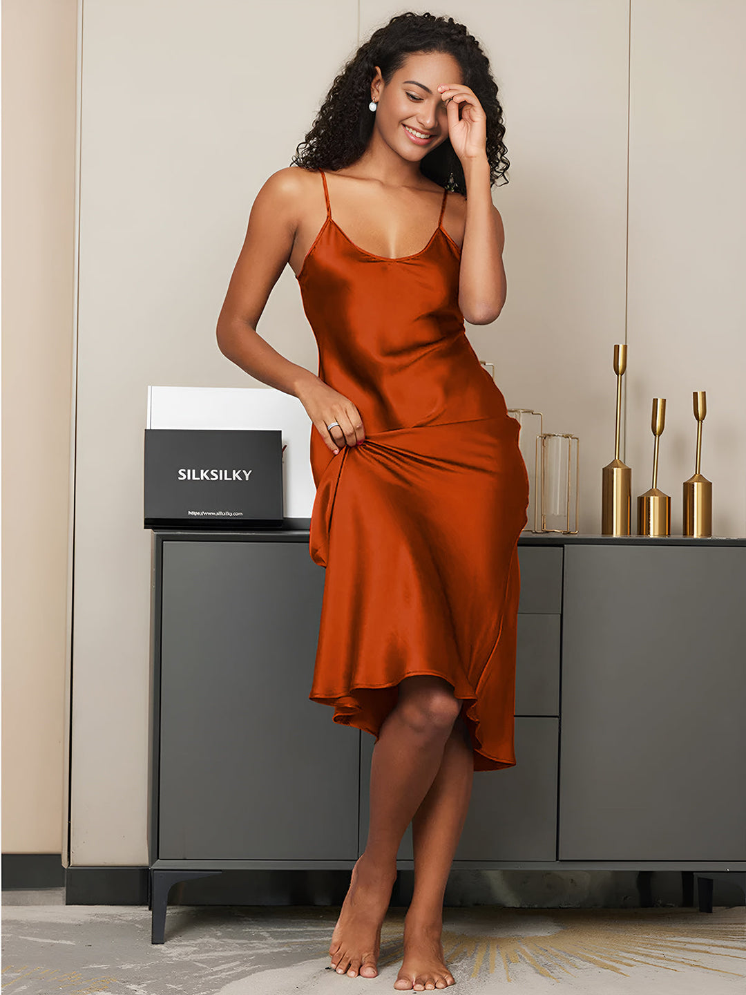 Rachel | Spaghetti Strap Silk Midi Dress