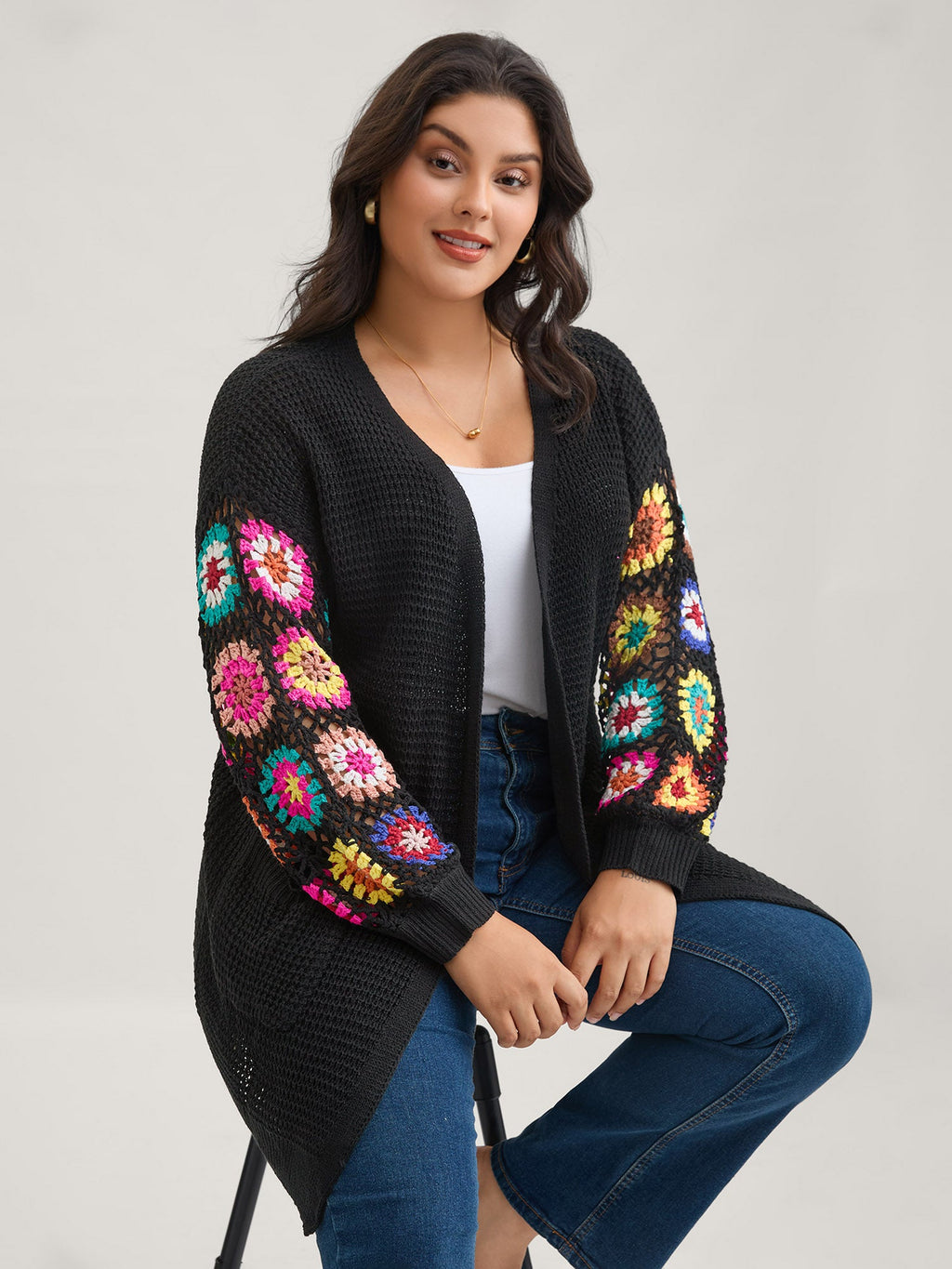 Crochet Floral Drop Shoulder Cut Out Cardigan