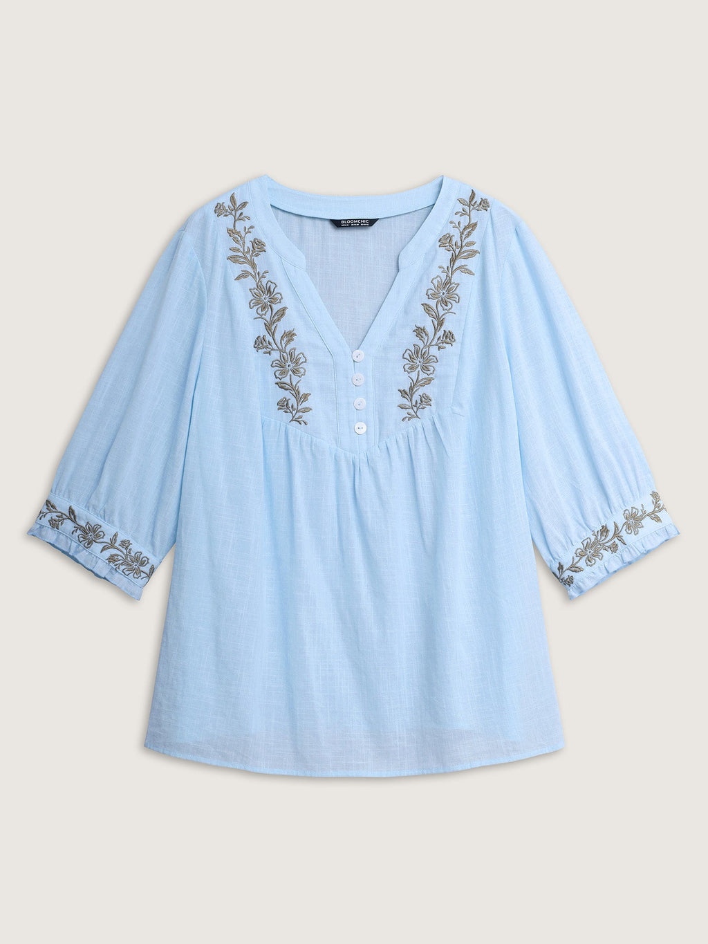 Cotton Floral Embroidered Notched Collar Frill Trim Blouse