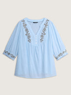 Cotton Floral Embroidered Notched Collar Frill Trim Blouse