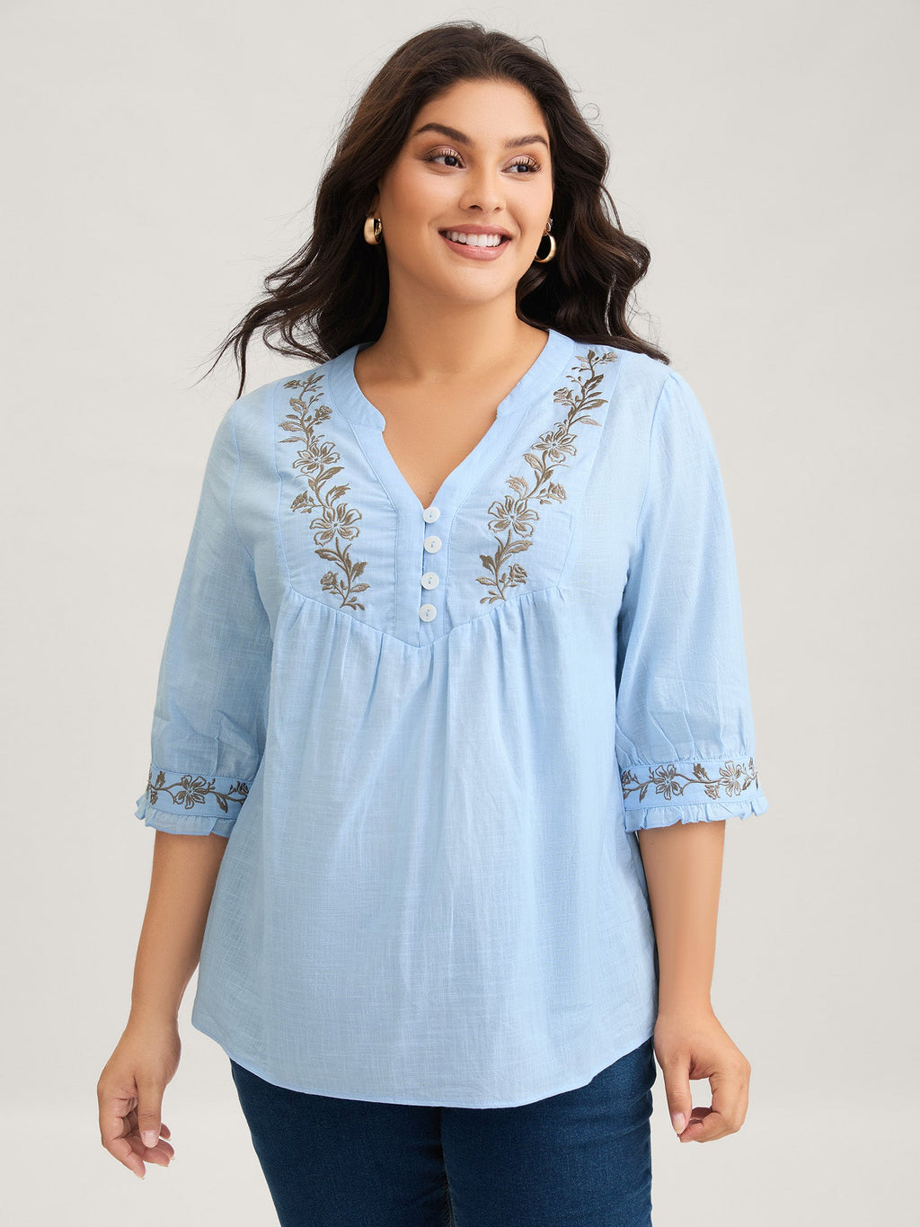 Cotton Floral Embroidered Notched Collar Frill Trim Blouse