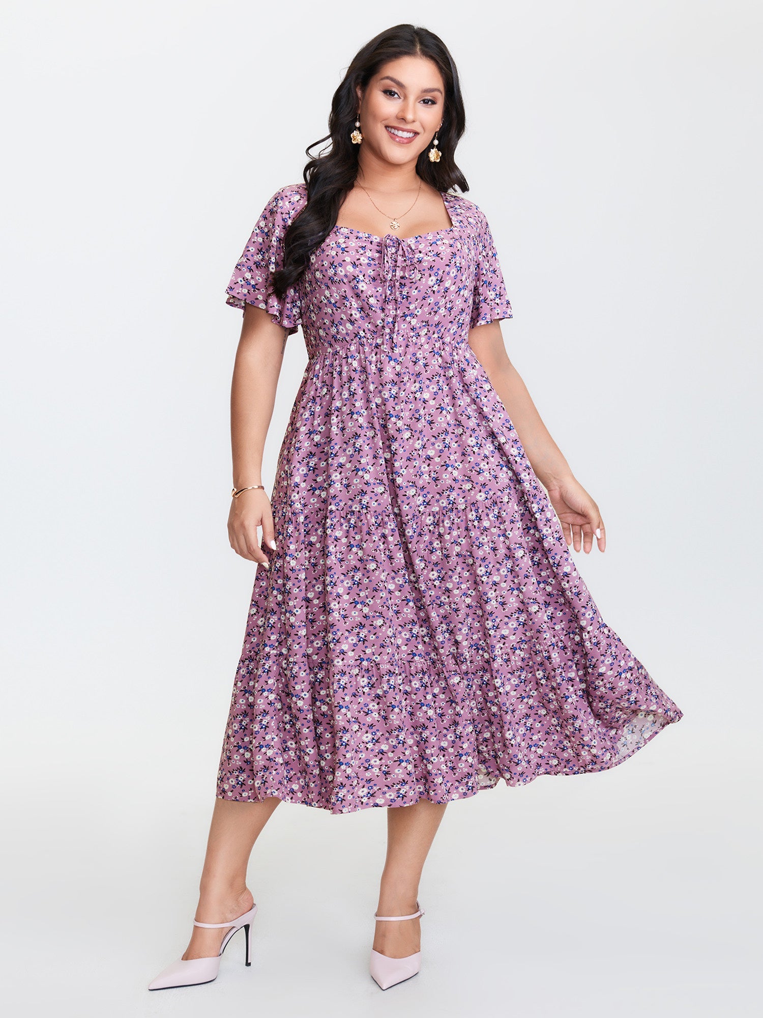 Ditsy Floral Sweetheart Drawstring Pocket Tiered Dress