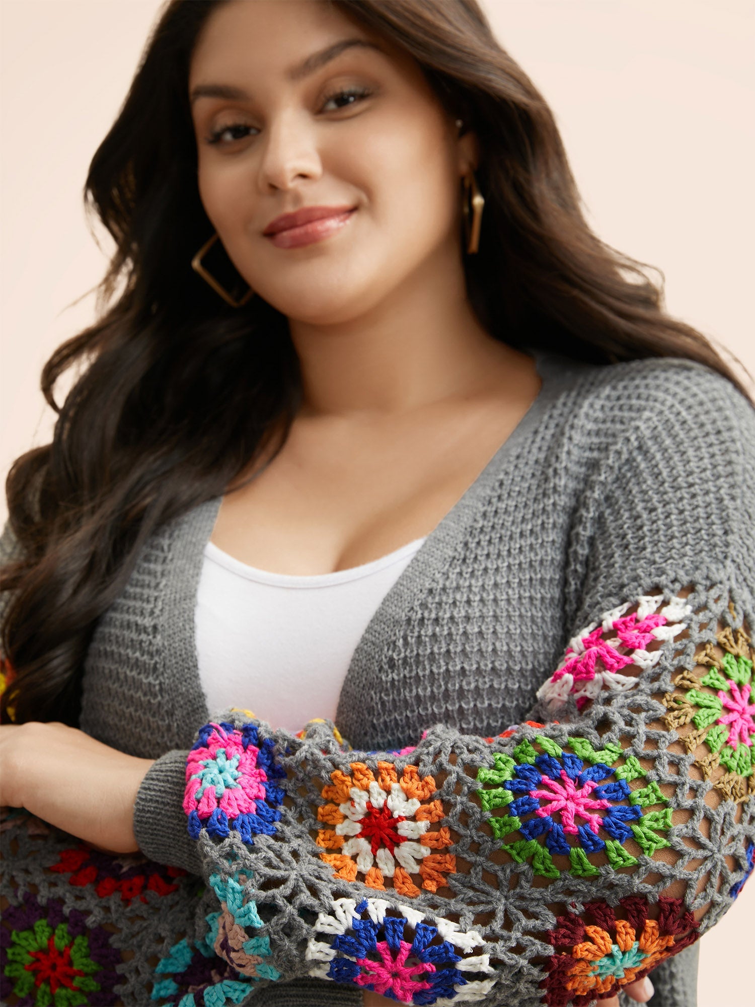 Crochet Floral Drop Shoulder Cut Out Cardigan