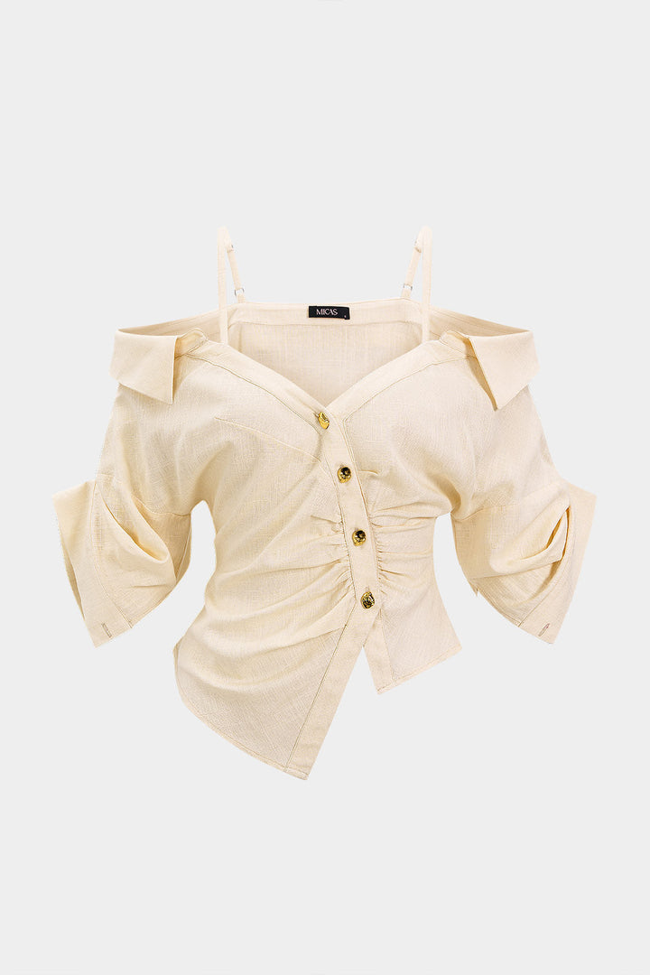 Linen Metallic Button Asymmetrical Ruched Short-Sleeve Shirt