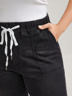 Drawstring Elastic Waist Roll Hem Jeans
