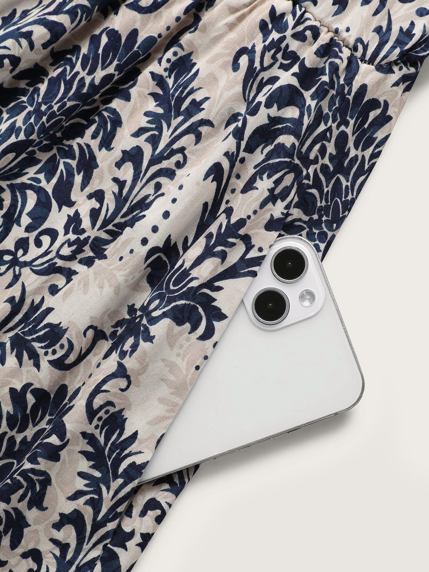 Damask Print Tie Knot Puff Sleeve Dress