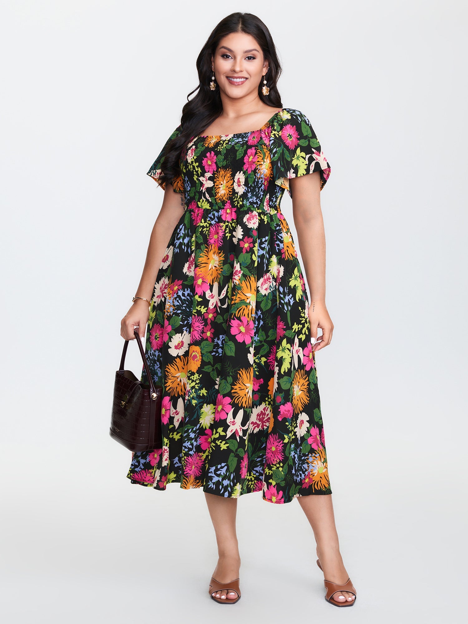 Floral Shirred Square Neck Pocket Midi Dress