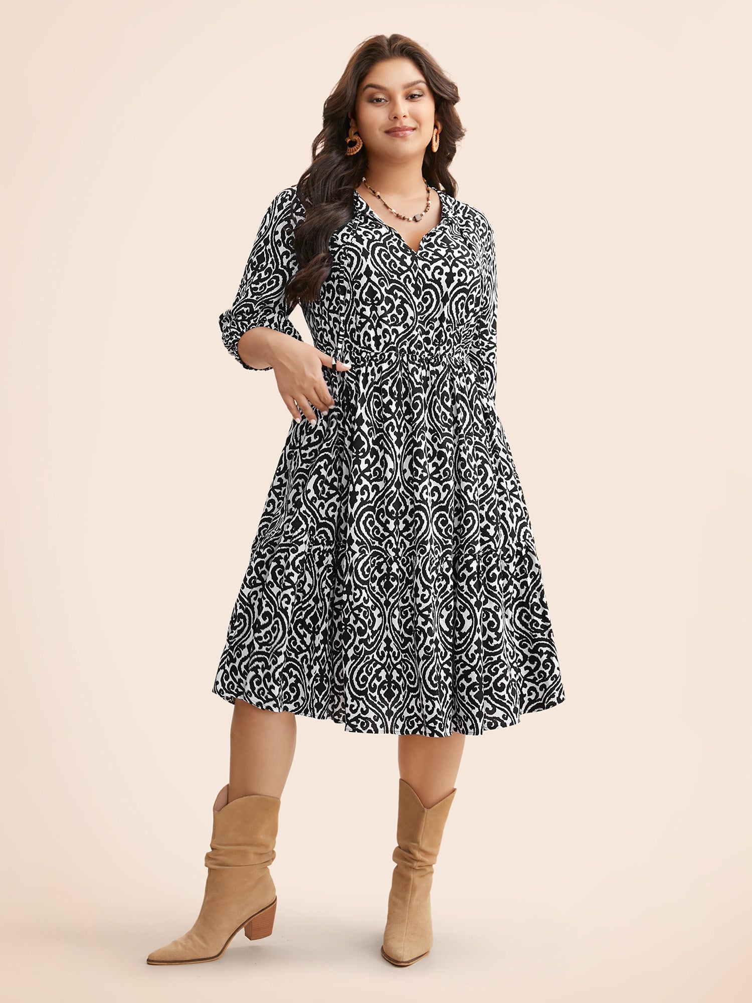 Damask Print Tie Knot Puff Sleeve Dress