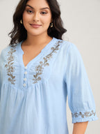 Cotton Floral Embroidered Notched Collar Frill Trim Blouse