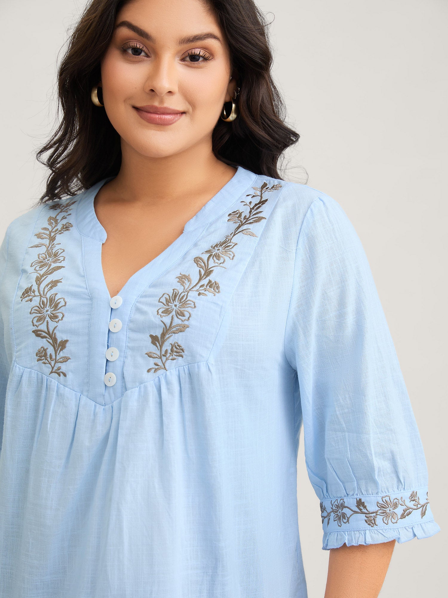 Cotton Floral Embroidered Notched Collar Frill Trim Blouse