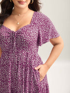 Ditsy Floral Sweetheart Drawstring Pocket Tiered Dress