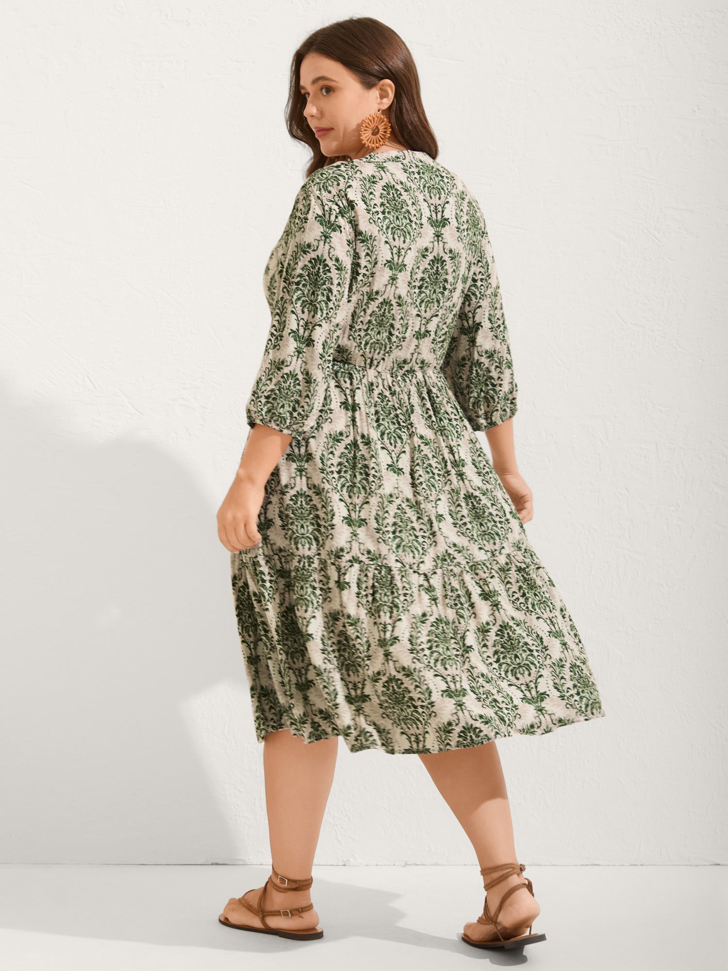 Damask Print Tie Knot Puff Sleeve Dress