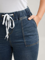 Drawstring Elastic Waist Roll Hem Jeans