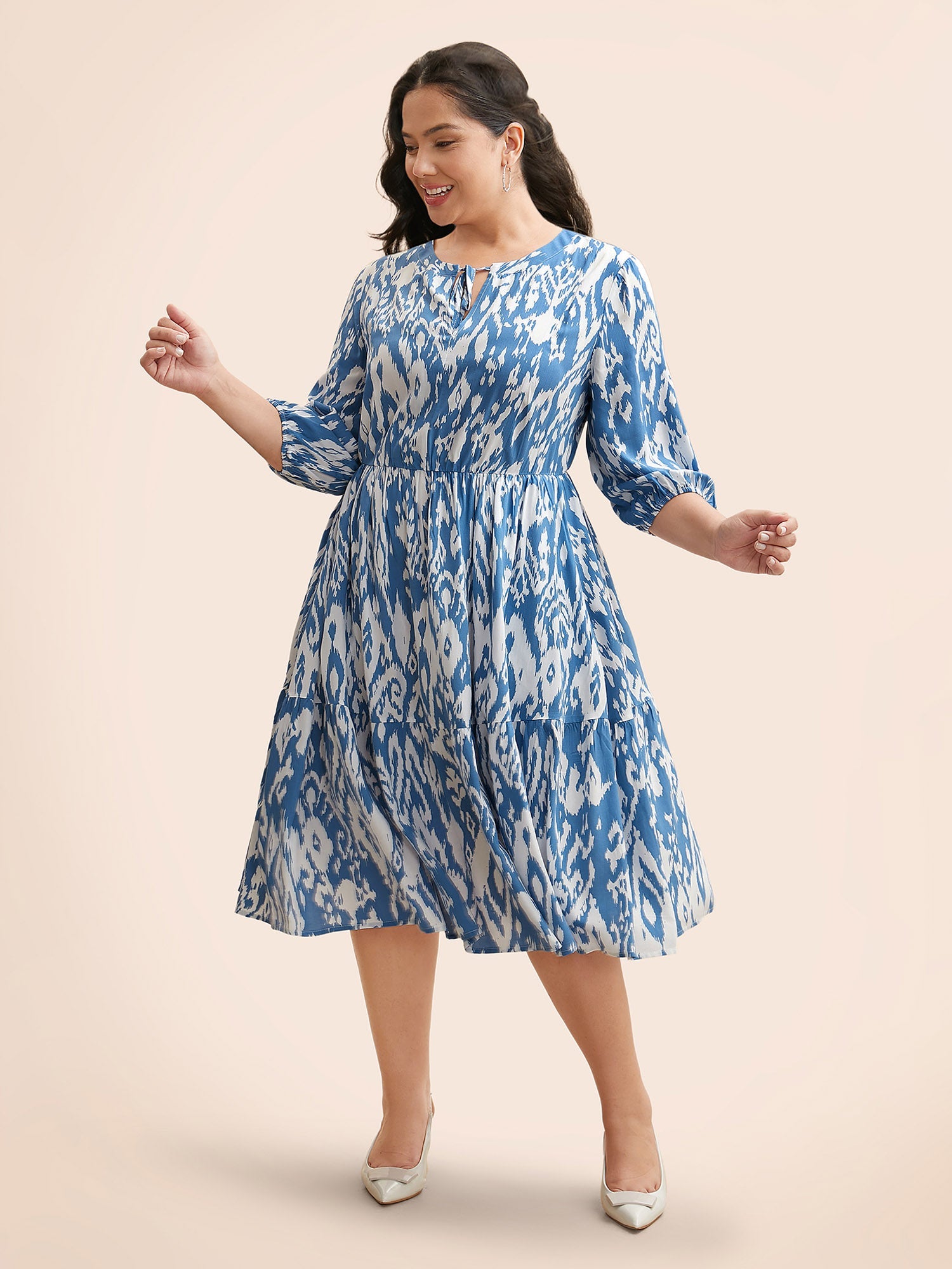 Damask Print Tie Knot Puff Sleeve Dress
