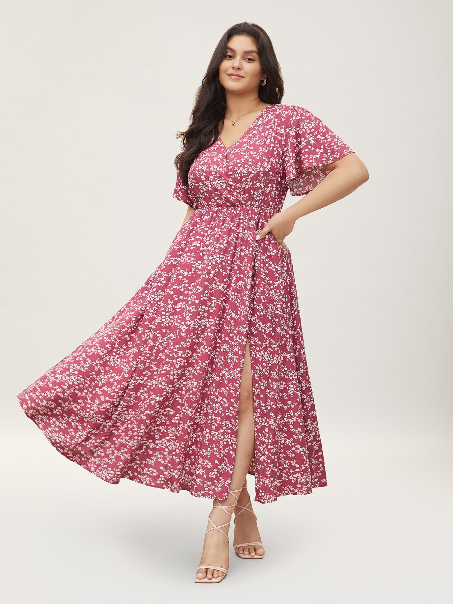 Bloom Dress - Flutter Sleeve Ditsy Floral Pocket Split Maxi Dress